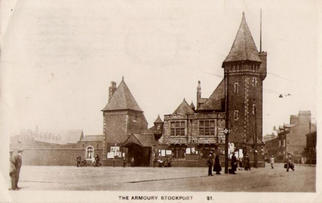Postcard of Stockport Armoury - 1920 - Click to go to next postcard - Stockport Armoury Square